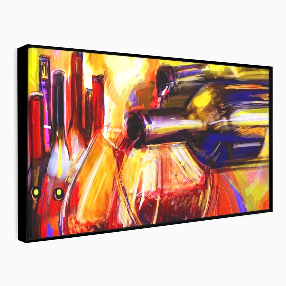 Tablou canvas cu pictura abstracta cu sticle si pahare de vin, in rama de aluminiu negru